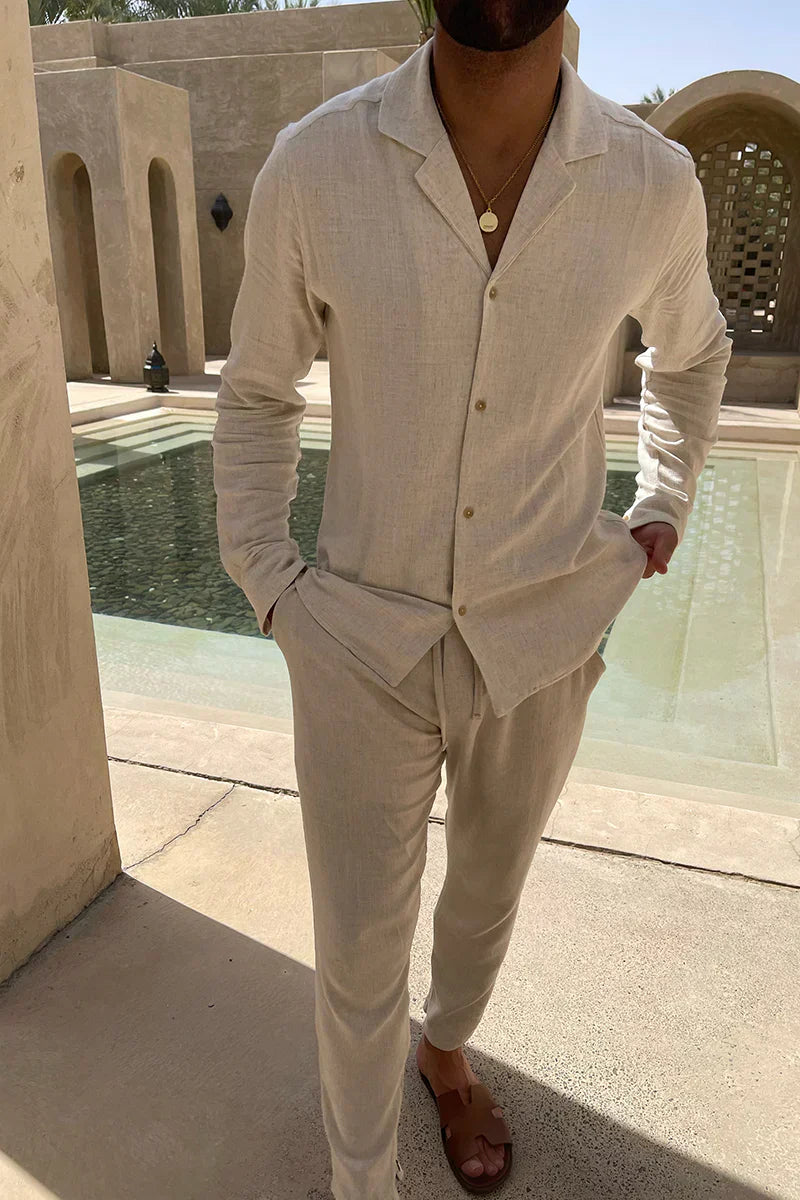 Linen Blend Set - Button Front Long Shirt & Breathable Pants