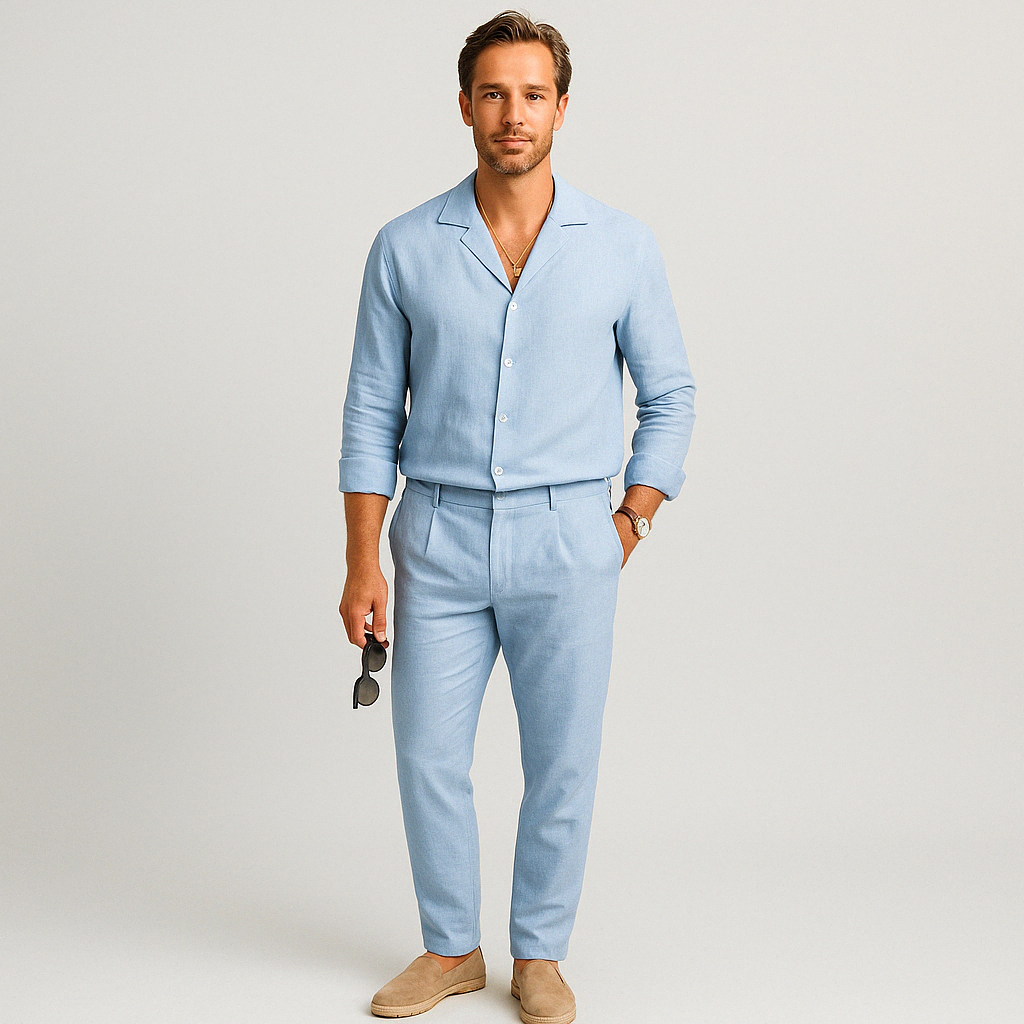 Shirt And Pants Set - Relaxed Cut Linen Blend & Breathable