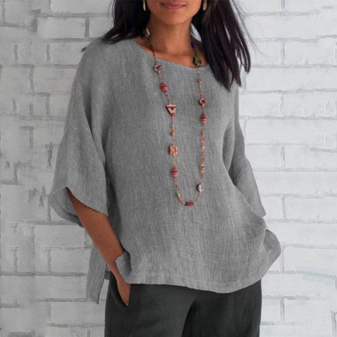 Top - Linen Blend 3/4 Sleeves & Relaxed Shape For Airflow