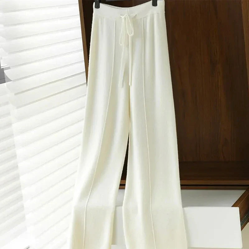 Wide Leg Pants - Wool Blend Knit & Draping Shape For Warmth