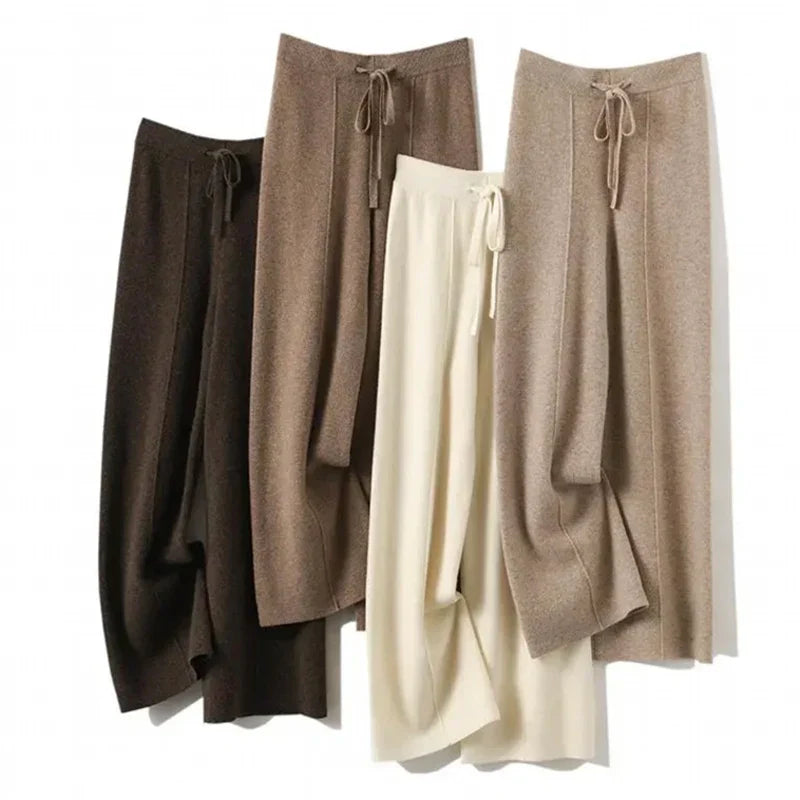 Wide Leg Pants - Wool Blend Knit & Draping Shape For Warmth