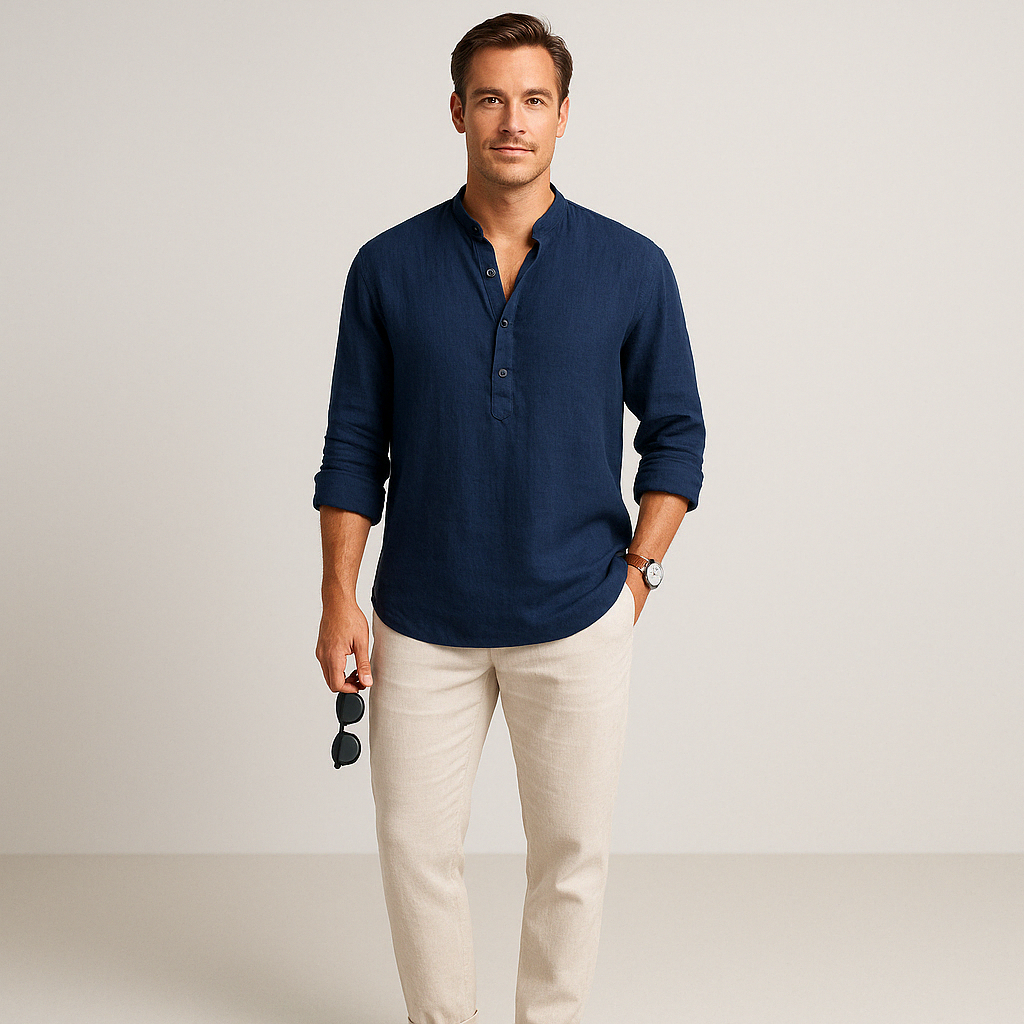 Chemise en Lin Marine pour Hommes - Respirante, Légère, Vêtements de Plage Décontractés