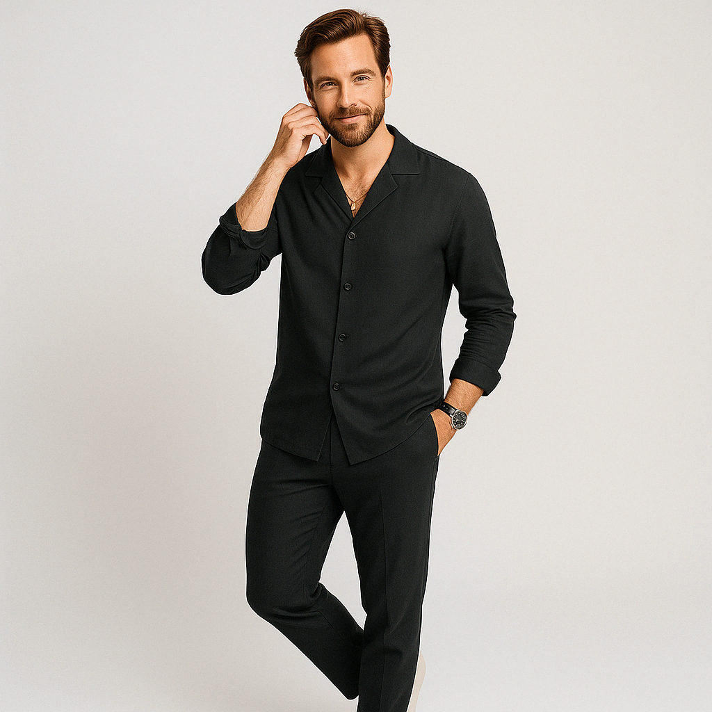 Linen Blend Set - Button Front Long Shirt & Breathable Pants