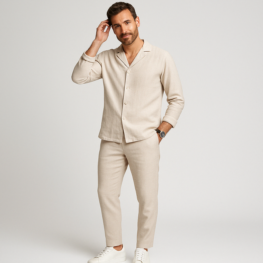 Linen Blend Set - Button Front Long Shirt & Breathable Pants