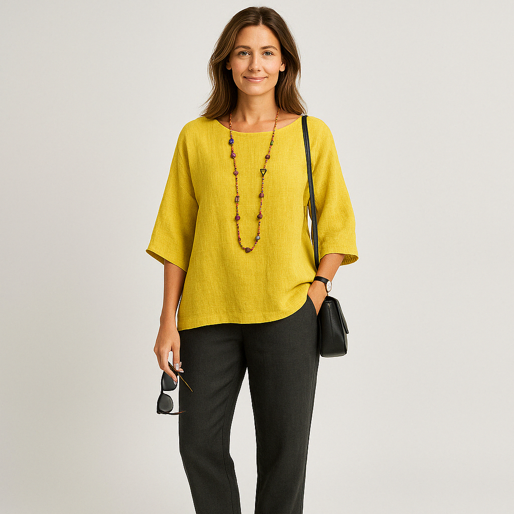 Top - Linen Blend 3/4 Sleeves & Relaxed Shape For Airflow