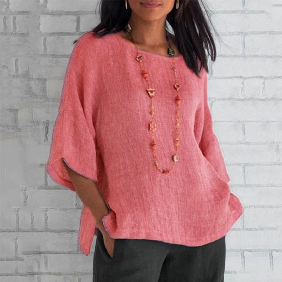 Top - Linen Blend 3/4 Sleeves & Relaxed Shape For Airflow